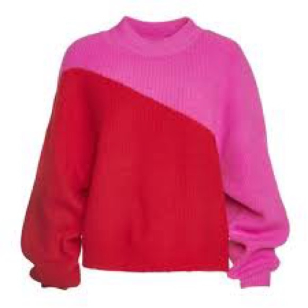 Crosby Red and Pink Cowl Neck Sweater with Bold Colorblock Design